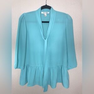 Teal Blouse with Tie Detail with Ruffle Bottom Large